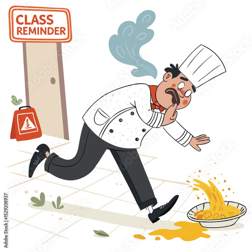 A comedic illustration of a chef comically tripping over a spilled bowl of soup during a cooking class, reminiscent of a slapstick scene.