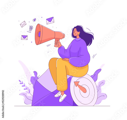 Marketing Vision: A vibrant illustration depicts a person perched atop an oversized envelope, using a megaphone to broadcast digital messages towards a distant target.