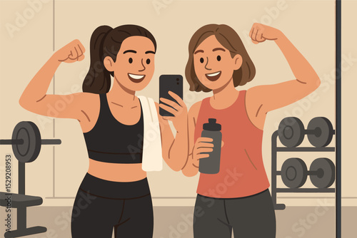 Gym Selfie Duo. Vector illustration of friend duo taking gym selfies in front of mirror post-workout, smiling and flexing