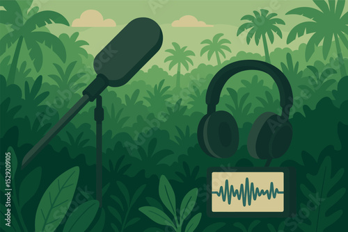 Jungle Sound Recording. Vector illustration of jungle sound recording with mic on stick, headphones, and soundwave chart nearby