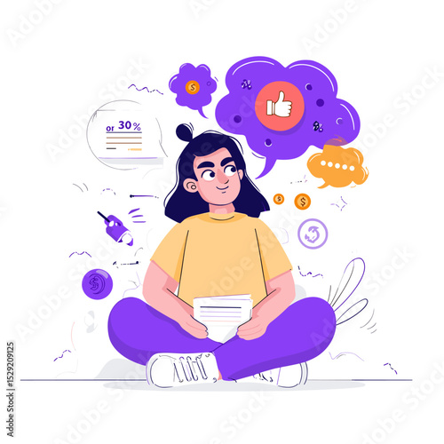 Conceptualizing Future: A cheerful person sits cross-legged, lost in imaginative thought bubbles.