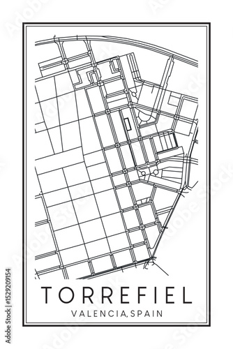 Hand drawn printable downtown road map poster of district TORREFIEL of the Spanish city of VALENCIA on solid white background with city name