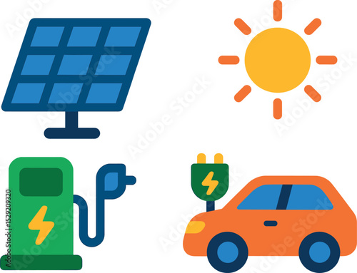 Solar EV Charging Station. Isometric flat vector illustration of a solar-powered EV charging station with green rooftop panels and