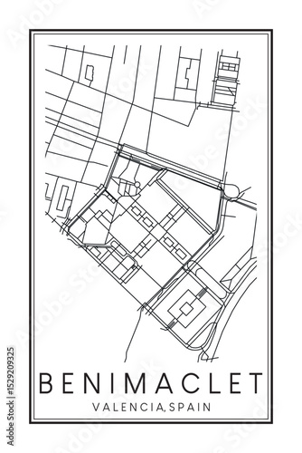 Hand drawn printable downtown road map poster of district BENIMACLET of the Spanish city of VALENCIA on solid white background with city name