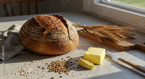 Golden crust sourdough bread butter and wheat rustic still life bakery freshness sunlight