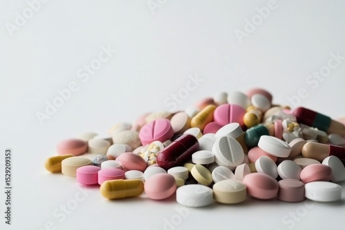 Colorful round pills or chewable vitamins in assorted pastel shades on white background, pharmaceutical concept, supplement design, healthcare product, medication, pharmacy promotion or drug's
