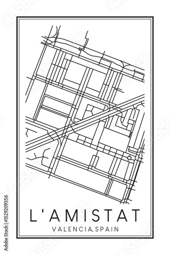 Hand drawn printable downtown road map poster of district L'AMISTAT of the Spanish city of VALENCIA on solid white background with city name