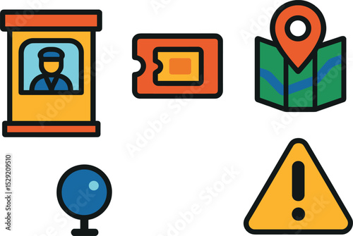 Transit Info Kiosk Icons. Isometric flat vector illustration of a transit worker kiosk with ticket assistance, info map, and