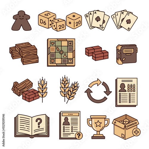 Game Components Illustration: A collection of illustrated game components, including dice, playing cards, board, and tokens, representing elements of strategy, fun and entertainment.