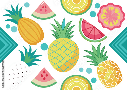 Vibrant tropical fruit pattern with pineapples watermelons and abstract design elements on a white background