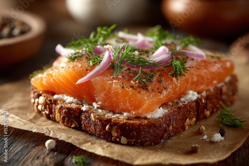 Close-up of a delicious open-faced sandwich with smoked salmon, cream cheese, red onion and dill on multigrain bread, presented on brown paper on a wooden background.