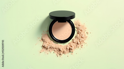Compact Face Powder in an Open Black Case with Loose Powder Scattered on a Light Green Background, Perfect for Beauty, Skincare, and Cosmetic Product Displays