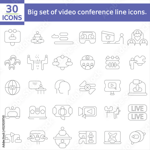  Big set of video conference line icons. Meeting, online, live, call etc.