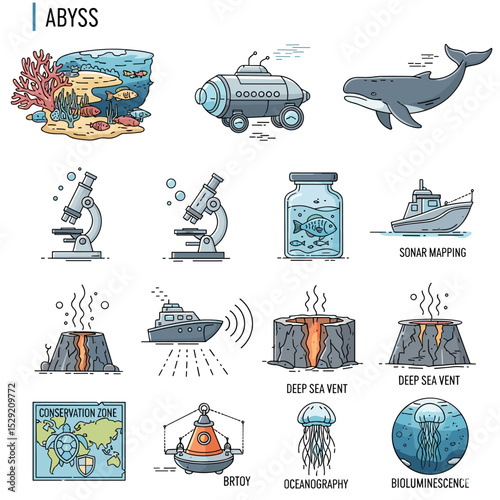 Abyss Exploration Icons: A vibrant collection of illustrations detailing the mysteries of the abyss, showcasing scientific tools, aquatic life, and deep-sea exploration.
