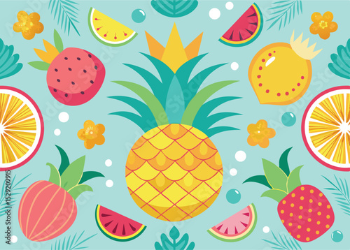 Vibrant tropical fruit pattern featuring pineapple watermelon orange and dragon fruit in a playful flat design on a light blue background for summer season