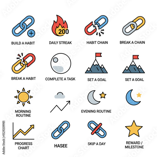 Daily Routine Icons: A visually striking collection of daily routine icons, meticulously designed to represent key habits, goals, and progress, perfect for illustrating productivity.