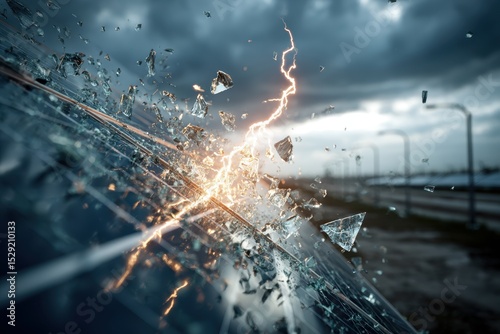 Destruction of Solar Panel by Lightning Strike resulting in shattered glass, demonstrating the impact of extreme weather on renewable energy technology and the fragility of sustainable power sources.