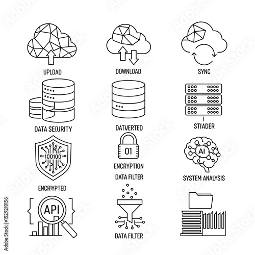 Cloud Data Icons: Illustrative icons depict cloud computing processes such as upload, download, and sync, alongside data security measures like encryption and analysis.
