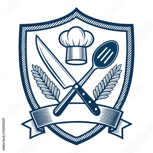 Design a sophisticated crest for a culinary school, featuring a chef's knife, fork, and a stylized "L" interwoven.  Include flourishes and elegant typography.