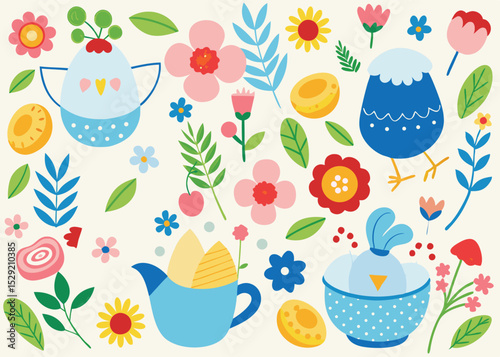 Whimsical easter springtime illustration featuring cute blue chicken characters surrounded by flowers leaves and decorative elements on a beige background