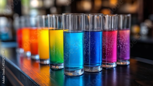 Vibrant Rainbow Drinks on the Bar: A colorful array of drinks lines a sleek wooden bar. The vibrant hues, capture the essence of celebration.