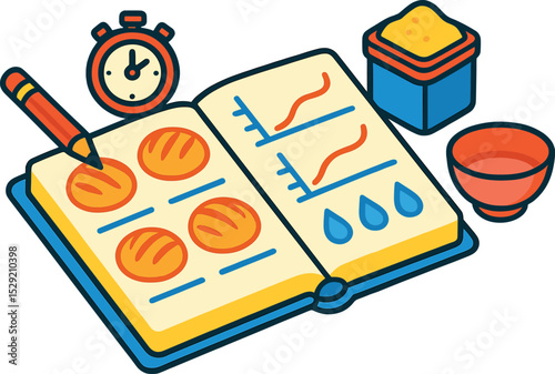 Baking Journal Icons. Isometric flat vector illustration of a baking journal open to a crust test log with diagrams and hydration