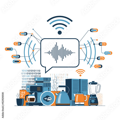Smart Home Interconnection: A vibrant, graphic representation of smart home devices interconnected through wireless technology.