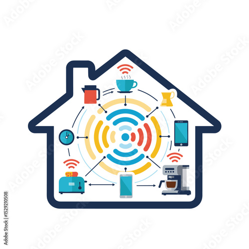 Smart Home's Connected World: Inside a house outline, interconnected smart devices symbolize the future of home automation, data flow, and the seamless convenience of connected technology.