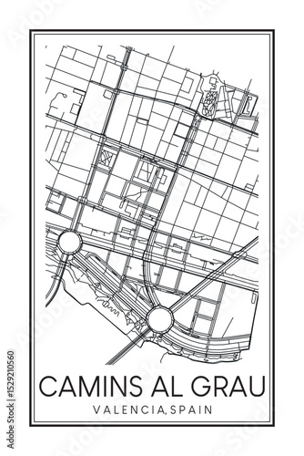 Hand drawn printable downtown road map poster of district CAMINS AL GRAU of the Spanish city of VALENCIA on solid white background with city name