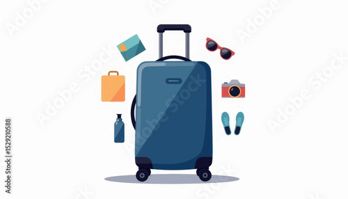 Stylish travel suitcase surrounded by vacation essentials, travel concept