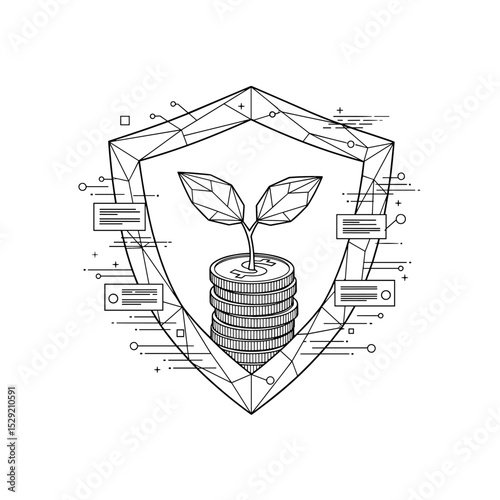 Financial Growth Protection: A sprout emerges from a stack of coins, nestled securely within a geometric shield, symbolizing the secure growth of investments.