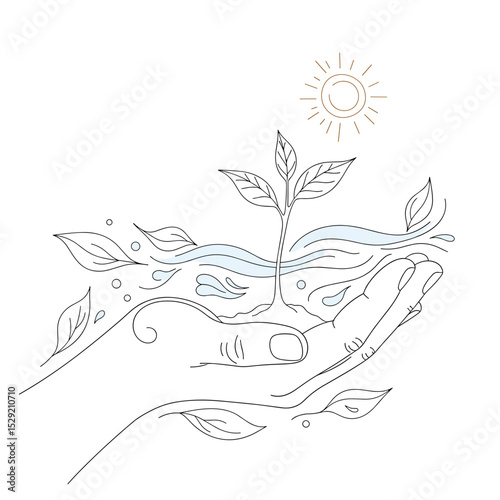 Nature's Embrace: A delicate illustration showcasing a nurturing hand cradling a growing sprout, symbolizing environmental stewardship, growth, and the delicate balance of nature.