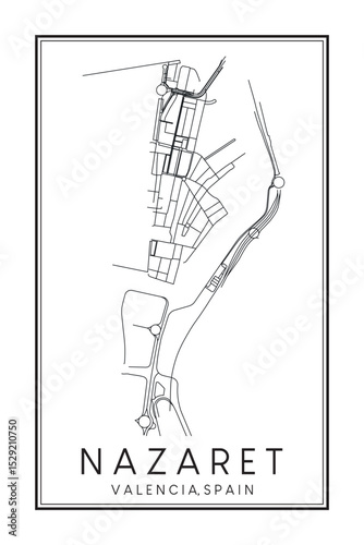 Hand drawn printable downtown road map poster of district NAZARET of the Spanish city of VALENCIA on solid white background with city name