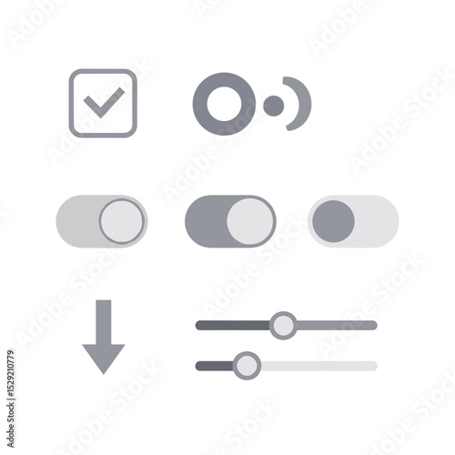Digital Interface Elements: A set of sleek, modern interface elements, including check marks, signal indicators, and sliders, rendered in a clean, minimalist style.