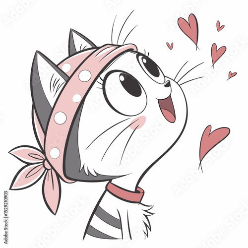 Cute cartoon cat looking up with hearts floating around it  