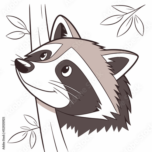 Cartoon raccoon looking up while perched on a tree branch  