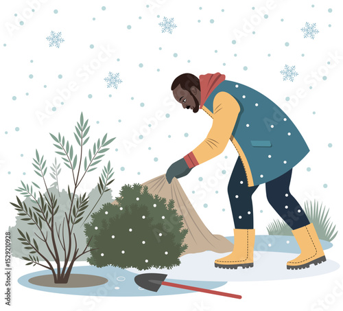 A man dressed in warm winter clothes is covering a bush with fabric to protect it from snow and frost. Snow is on the ground, and snowflakes are falling. A shovel lies nearby on the ground.