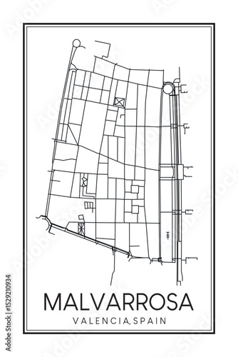 Hand drawn printable downtown road map poster of district MALVARROSA of the Spanish city of VALENCIA on solid white background with city name