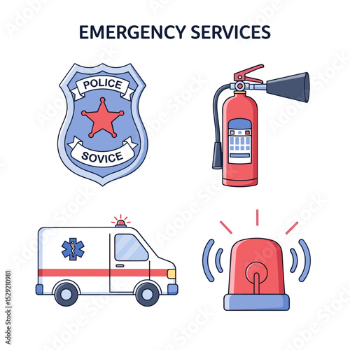 Emergency Services Icons: A set of vibrant and bold flat-style icons showcasing essential emergency services, including a police badge, fire extinguisher, ambulance, and siren.