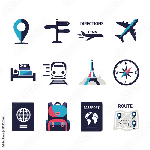 Travel Icon Set: A comprehensive array of travel icons, perfectly suited for illustrating vacation, adventures, or tourism. Featuring icons of flight, hotel, passport and destination. 