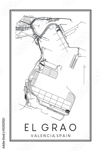 Hand drawn printable downtown road map poster of district EL GRAO of the Spanish city of VALENCIA on solid white background with city name