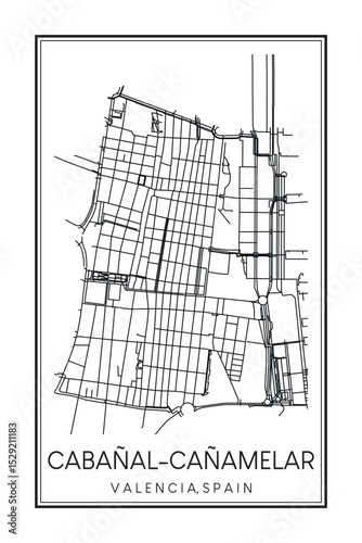 Hand drawn printable downtown road map poster of district CABAÑAL-CAÑAMELAR of the Spanish city of VALENCIA on solid white background with city name