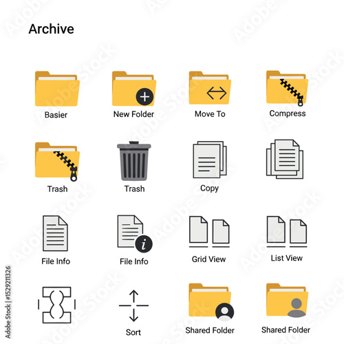 Archive Icon Set: A comprehensive suite of icons, designed with a minimalist aesthetic, showcases various file management functionalities.