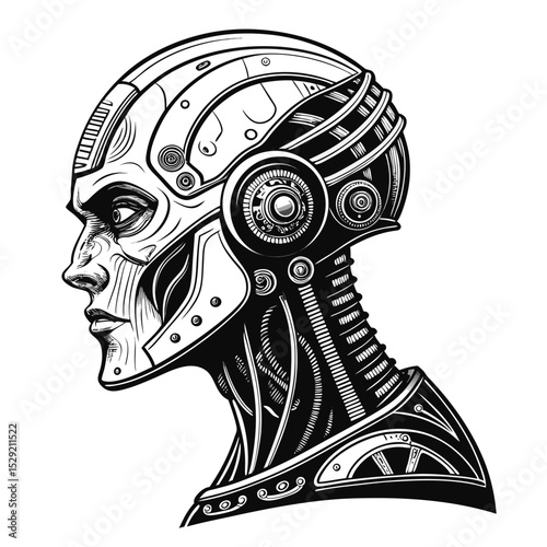Detailed rendering of a cyborg alien head, showcasing intricate mechanical details and circuitry; bioluminescent accents.  High resolution, 8k.