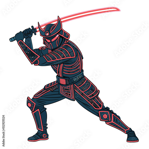 Create a striking image of a futuristic cyborg samurai, alien in origin, wielding a neon-glowing katana, isolated on a white background.  High detail, sharp focus.