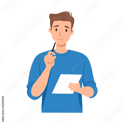 Young man standing with thoughtful expression and holding paper notebook. Thinking. Flat vector illustration isolated on white background
