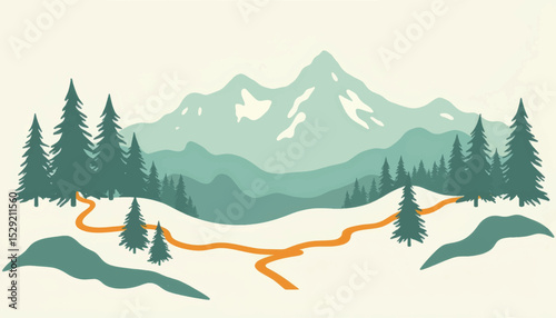 Minimalist hiking trail illustration with geometric mountains and trees, nature concept