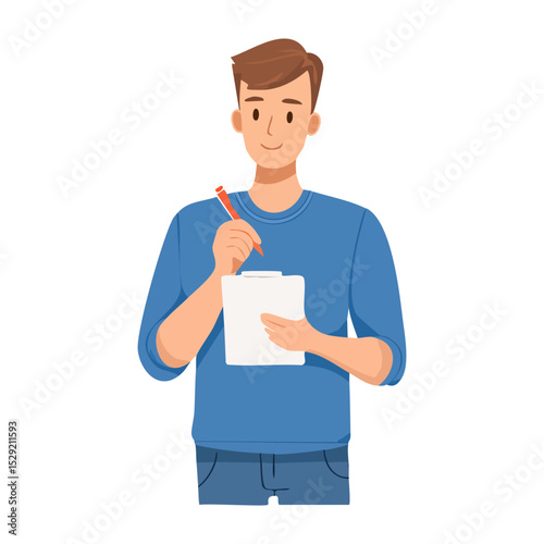 young man holding a blank card and pen