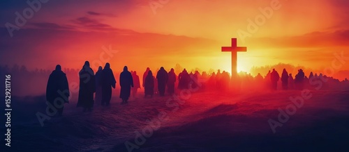 Easter religious procession silhouette at dawn abstract spiritual concept