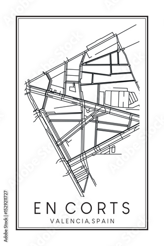 Hand drawn printable downtown road map poster of district EN CORTS of the Spanish city of VALENCIA on solid white background with city name